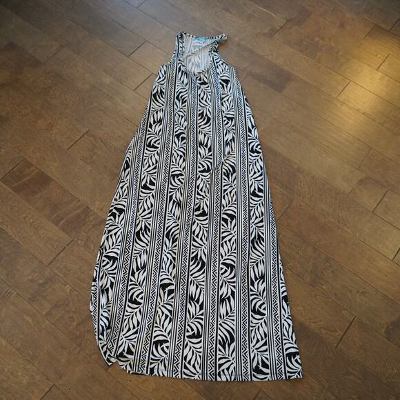 Tori Richard Maxi Dress Womens XL Black White Tropical Print Hawaiian Scoop Neck - Picture 7 of 9